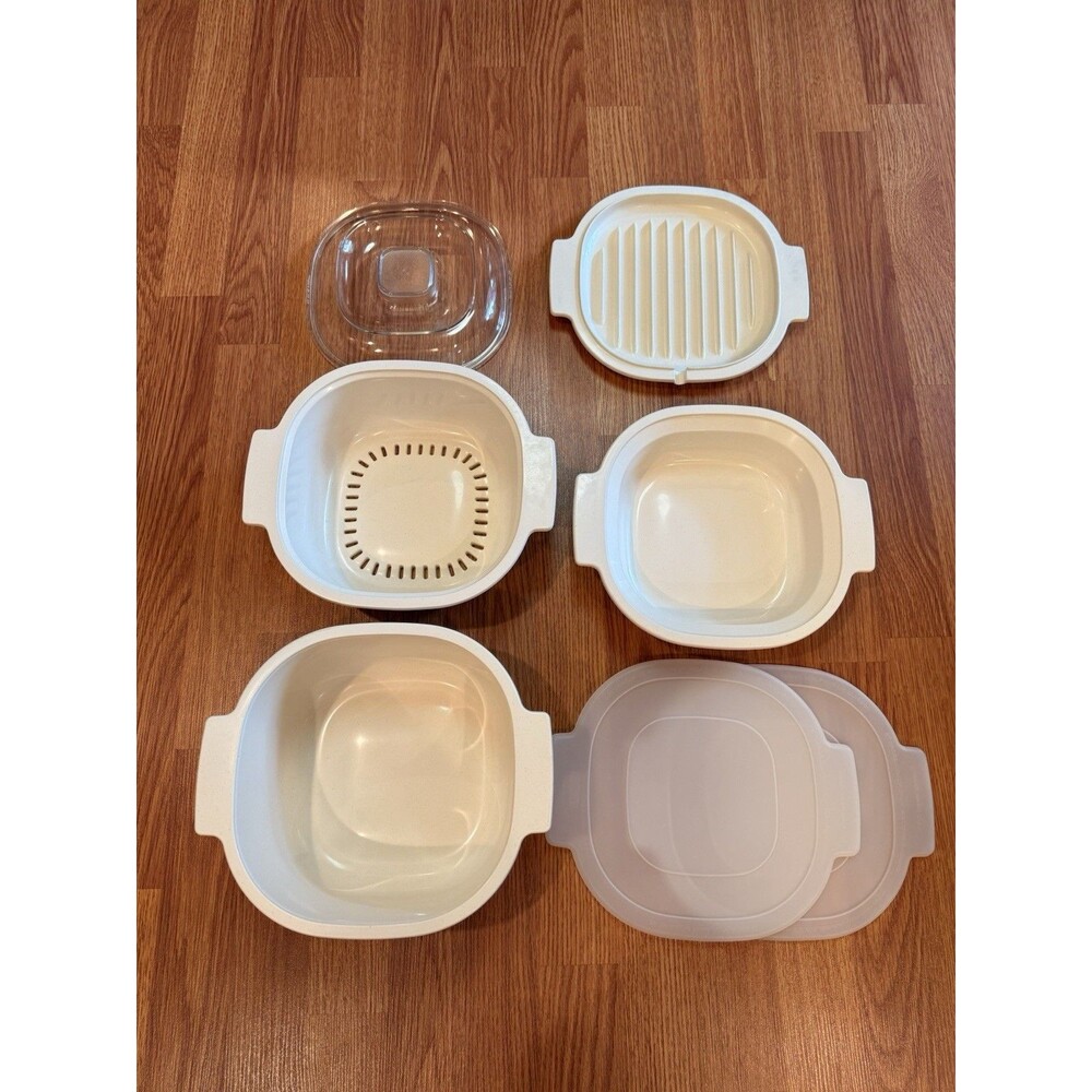 Rubbermaid Microwave Cookware 7 Piece Set Almond Space Saving Stackable Vintage